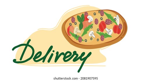 Pizza close-up with mushrooms and salami. View from above. Pizza delivery. Concept for advertising flyer and poster for restaurants or pizzerias, template with pizza waiting for the menu. Vector, flat