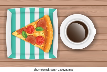 pizza and coffee on the wooden table