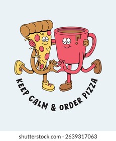 pizza and coffee retro cartoon illustration