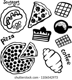 
Pizza, coffee and sweets isolated on white background

