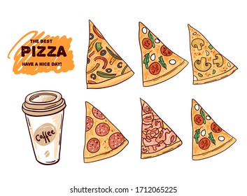 Pizza and coffee vector illustration. Hand drawn beautiful food illustration. 