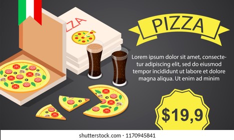 Pizza with cola banner horizontal. Isometric illustration of vector pizza with cola banner horizontal for web design