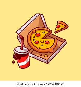 Pizza And Cola Cartoon Vector Icon Illustration. Food And Drink Icon Concept Isolated Premium Vector. Flat Cartoon Style