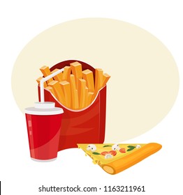 pizza and cola and french fries, vector illustration