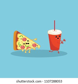 Pizza and Cola paper cup. Zombie Pizza pursue a running Cola paper cup. Character with eyes and a wide smile isolated on blue background. Fastfood. Vector cartoon. 
