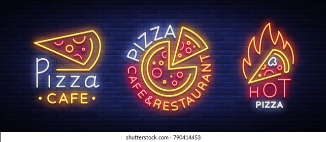 Pizza Set Logos Emblems Neon Signs Stock Vector (Royalty Free ...