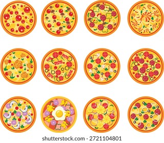 Conjunto de Colección de pizza con varios aderezos, ilustración de comida plana