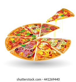 Pizza color composition pizza sliced on portions and one piece separated vector illustration