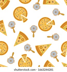 Pizza color pattern. Repeated image of a pizza icon. Modular image seamless pattern.