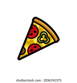 Pizza colored with contour flat style vector icon. Tasty fast food unhealthy meal. Isolated dishes on white background.