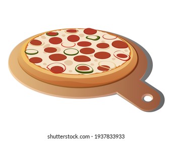 Pizza with colorful toppings on a cutting board