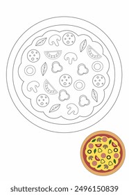 Pizza coloring page for kids, pizza black and white outline illustration, Pizza activity for kindergarten 