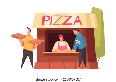 Pizza composition with doodle style human characters handling delicious pizza vector illustration