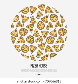 Pizza concept in circle with thin line icons. Vector illustration for flyer, banner or menu of restaurant.