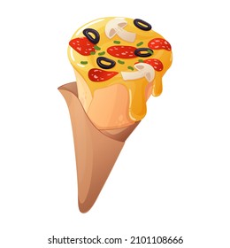 Cono de pizza con salchichas de pepperoni, champiñones y queso en empaque artesanal. Ilustración vectorial aislada en fondo blanco. Para publicidad y tu diseño.