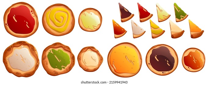 Pizza constructor with base and toppings tomato sauce, mayonnaise, cheese, soy or guacamole. Design elements for game, app or book of recipes, cooking class, cafe, pizzeria menu, Cartoon vector set