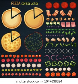 Pizza constructor cartoon vector illustration. Fresh ingredients on black chalkboard background for adding to dough base