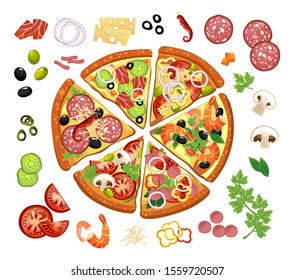 Pizza constructor with different ingredients vector illustration. Slice of fast food with vegetables and meat on bun. Pizzeria dish with cheese, ketchup and olive symbols