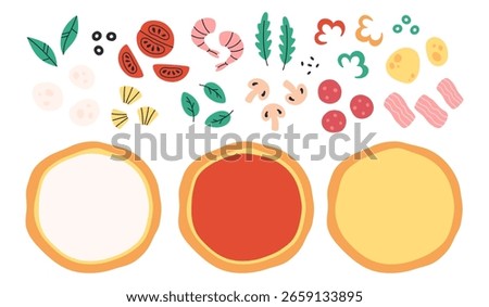 Pizza constructor ingredients. Cheese, tomatoes, peppers, mushrooms, mozzarella, shrimps, pineapples, bacon, sausage, arugula, basial. Hand drawn Italian pizza. Vector illustration in flat style