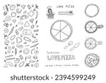 Pizza constructor ingredients in doodle style. Mushrooms, sausage, cheese and vegetables. Italian pizza maker. Italian cuisine, satisfied cook. Pizza lover. Hand drawn