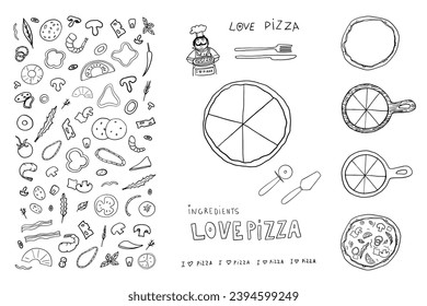 Pizza constructor ingredients in doodle style. Mushrooms, sausage, cheese and vegetables. Italian pizza maker. Italian cuisine, satisfied cook. Pizza lover. Hand drawn