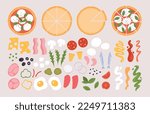 Pizza constructor ingredients. Mushrooms, sausage, cheese and vegetables, mozzarella and various sauces. Italian pizza maker racy vector set