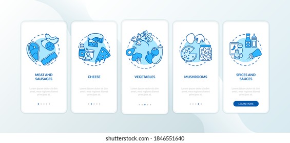 Pizza constructor onboarding mobile app page screen with concepts. Delicious culinary. Italian pizzeria menu walkthrough 5 steps graphic instructions. UI vector template with RGB color illustrations