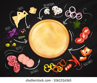 Pizza constructor realistic composition with dough and ingredients on black chalk board background vector illustration