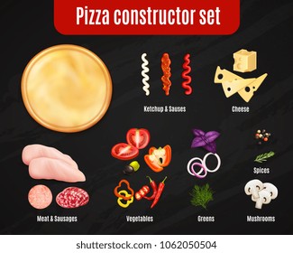 Pizza constructor realistic set on black background with dough and ingredients for topping isolated vector illustration 
