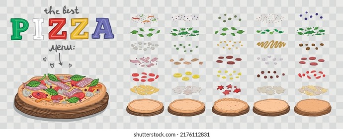 Pizza constructor set and toppings. Make or create your pizza. Vector illustration.