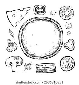 Pizza constructor. Vector graphics, black and white hand-drawn illustration. Isolate on a white background. A set of ingredients for making pizza. For recipes, menus, and pizzeria decor.