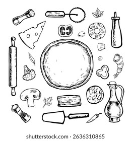 Construtor de pizzas. Gráficos vetoriais, ilustração desenhada à mão em preto e branco. Isole em um fundo branco. Um conjunto de ingredientes e ferramentas para fazer pizza. Para receitas, menus e decoração de pizzaria.