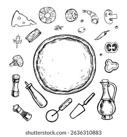 Pizza constructor. Vector graphics, black and white hand-drawn illustration. Isolate on a white background. A set of ingredients and tools for making pizza. For recipes, menus, and pizzeria decor.