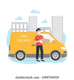 Pizza contactless delivery vector concept. Delivery man is delivering pizza boxes and leaving them near client doors. Pizza safe delivery vector concept.