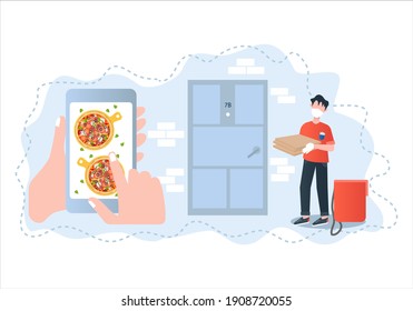 Pizza contactless delivery vector illustration. Pizza ordering via app. Touchless safe pizza home delivery vector illustration.
