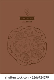 Pizza in contour with mushrooms, tomatoes, arugula, salami. On a 
brown background. Love you hot. Vector.