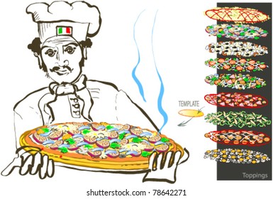 Pizza cook and a baked pizza, also set of pizza's topping's replacements.