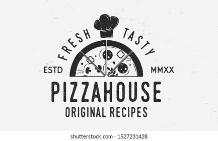 Pizza cook logo with pizza slice and chef cap. Cooking class template logo with grunge texture. Chef cap, Pizza. Vector illustration.