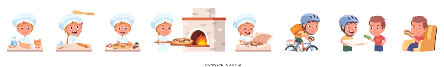 Cocina pizza, entrega, juego de secuencia de comida. Chef cocina a un niño que hace la masa, horneando, empacando comida para pizza. El repartidor entrega el pedido al cliente. Ilustración vectorial plana del concepto de servicio de restauración