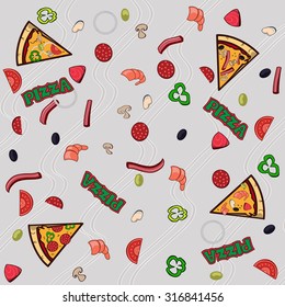 Pizza cooking ingredients on grey background. Vector illustration.