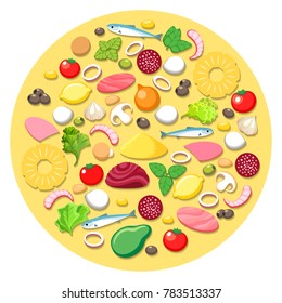 Pizza cooking ingredients. Vector pizza food elements round emblem with vegetables and tomato, pineapple and onion, ham portions on white background