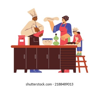 Pizza cooking master class or culinary workshop for family with children banner or poster template, flat cartoon vector illustration. Family culinary class.