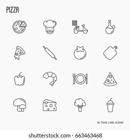 Pizza cooking related thin line icons: tomato, cheese, shrimp, delivery, mushrooms, chef, bike. Vector illustration. 