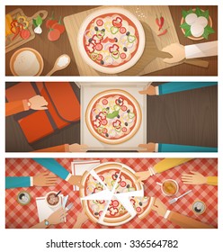 Pizza cooking at restaurant, home delivery and eating together at home, banners set