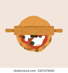 Pizza cooking. Rolling pin with pasta dough. Textured illustration. Italian food.