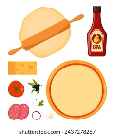 Pasos de cocción de pizza. Receta fácil para la comida italiana casera. Salami con salsa, tomate y queso. Preparación de la masa. Ilustración de vector