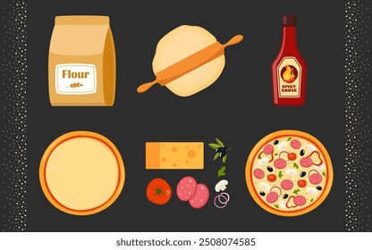 Pizza cooking steps. Easy recipe for homemade Italian food. Salami and sauce, tomato and cheese. Preparation of the dough. Vector illustration