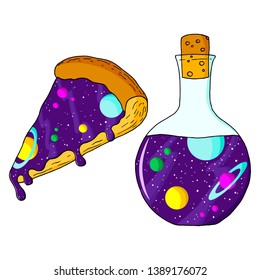 Pizza with cosmic filling and flask with liquid space inside. Abstract illustrations. Double exposure. Isolated objects on a white background. Prints for T-shirts. Hand-drawn style. Vector.