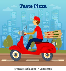 Pizza Courier on Scooter. Delivery Man. Vector illustration