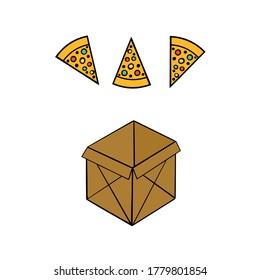 Pizza in a craft box delivery. Fastfood colorful illustration, Slice of pie with vegetables